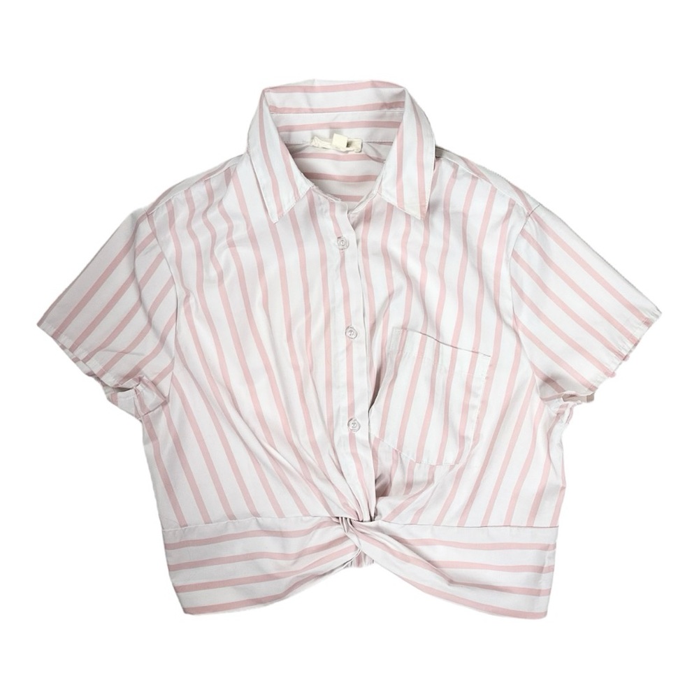 CHOCOLATE Women's Pink Striped Front Twist Button Up Top Size Small